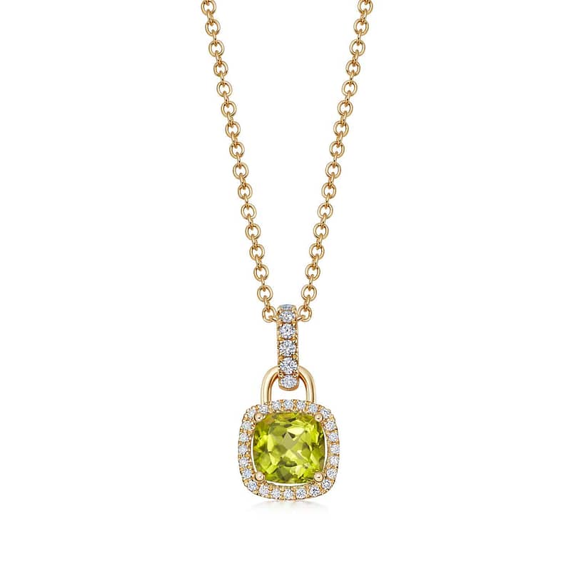 18ct Yellow Gold Mini Cushion Peridot & 0.20ct Diamond Halo Pendant